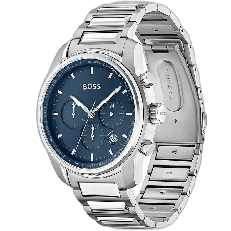 Hugo Boss Trace 1514007 men's chronograph watch with a blue dial and a silver stainless steel strap.
