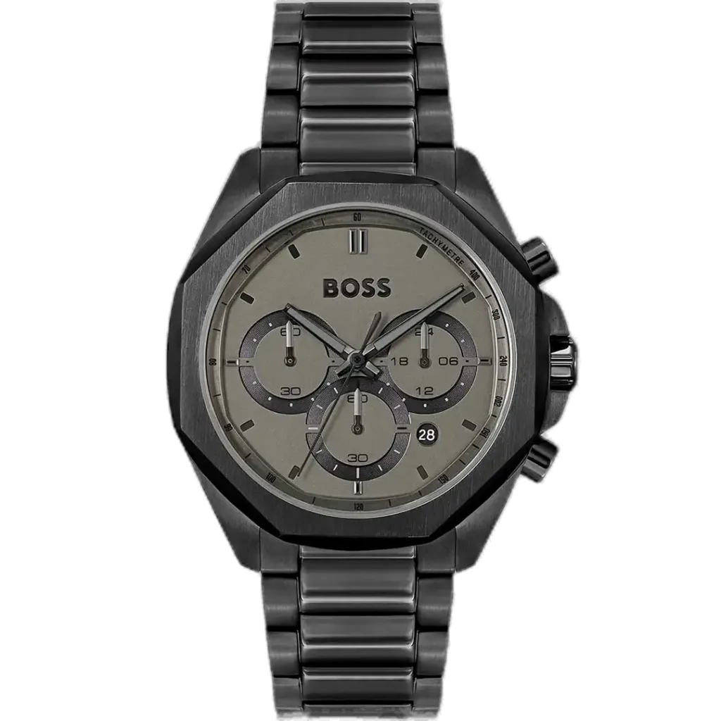 ساعة هوجو بوس كلاود 1514016 كرونوغراف للرجال، بمينا سوداء وسوار من الستانلس ستيل الأسود.