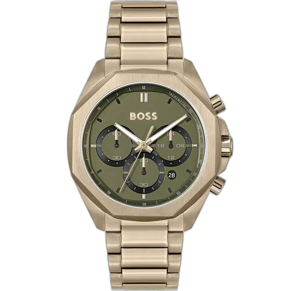 Hugo Boss Cloud 1514019 men's chronograph watch with a grey dial and a bronze-toned stainless steel bracelet.