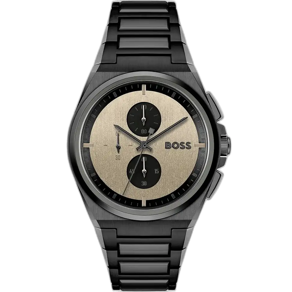Hugo Boss Steer 1514045 men's chronograph watch with a green dial and a grey stainless steel bracelet.