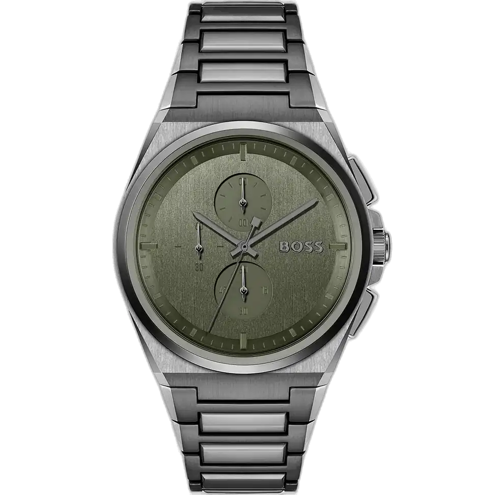 Hugo Boss Steer 1514045 men's chronograph watch with a green dial and a grey stainless steel bracelet.