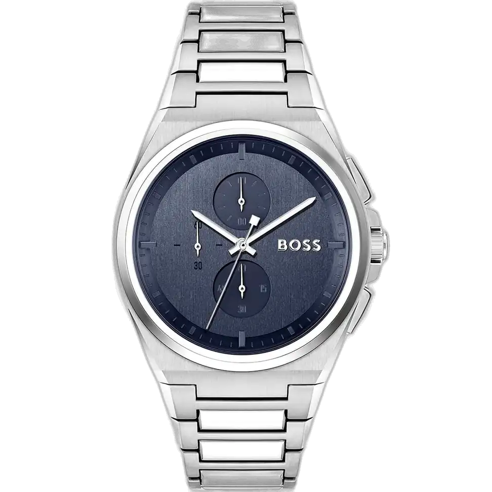Hugo Boss Steer 1514048 men's chronograph watch with a blue dial and a silver stainless steel bracelet.