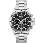 Hugo Boss Troper 1514057 men's chronograph watch with a black dial and a silver stainless steel bracelet.