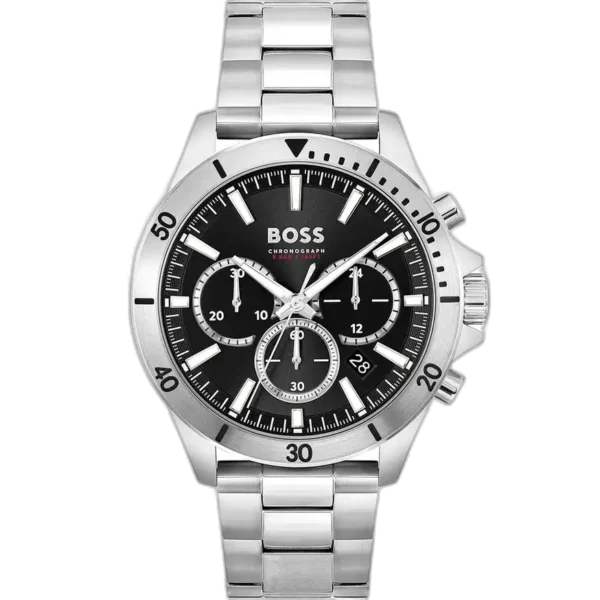 Hugo Boss Troper 1514057 men's chronograph watch with a black dial and a silver stainless steel bracelet.
