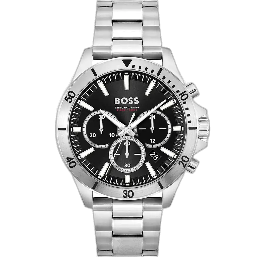 Hugo Boss Troper 1514057 men's chronograph watch with a black dial and a silver stainless steel bracelet.