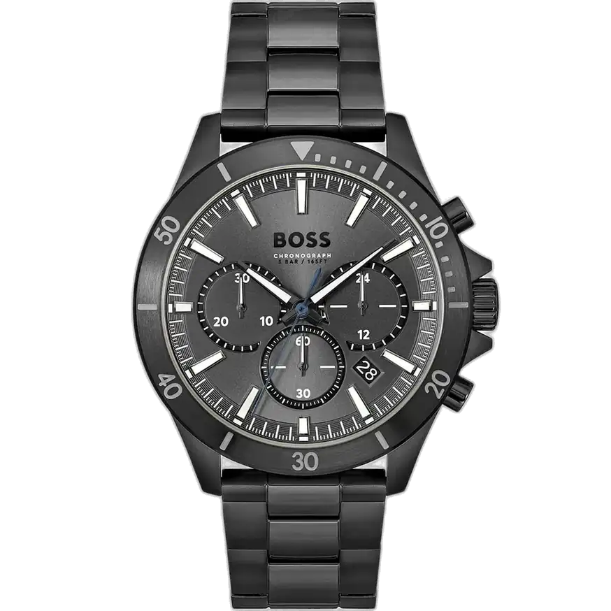 Hugo Boss Troper 1514058 men's chronograph watch with a black dial and a black stainless steel bracelet.