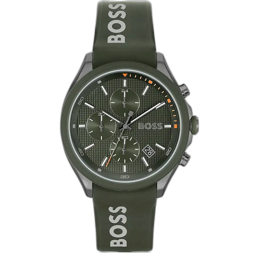 ساعة هوجو بوس فيلوسيتي 1514060 كرونوغراف للرجال، بمينا سوداء وسوار من السيليكون الأسود.