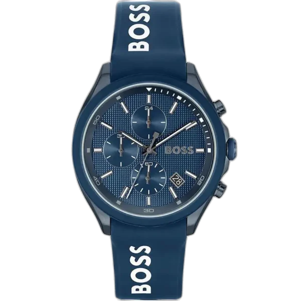 Hugo Boss Velocity 1514061 men's chronograph watch with a blue dial and a blue silicone (rubber) strap.