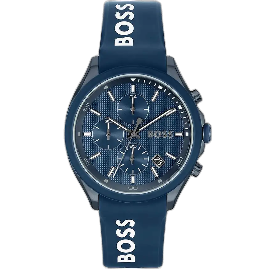 ساعة هوجو بوس فيلوسيتي 1514061 كرونوغراف للرجال، بمينا زرقاء وسوار من السيليكون الأزرق.