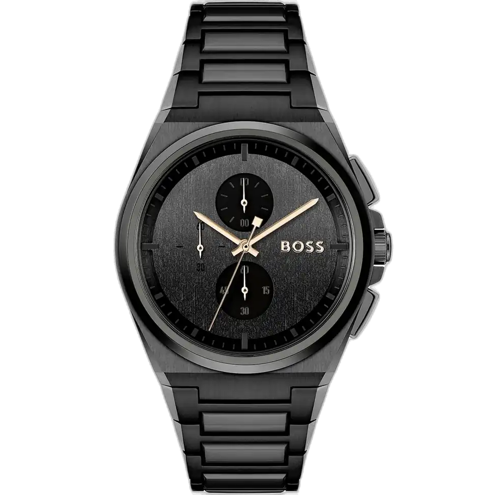 Hugo Boss Steer 1514068 men's chronograph watch with a black dial and a black stainless steel bracelet.