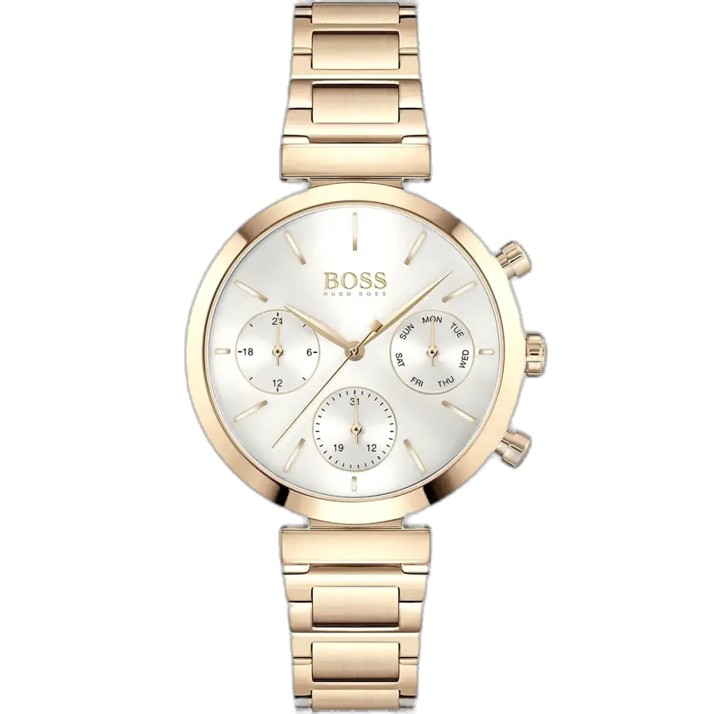 Hugo Boss Flawless 1502531 watch for women, featuring a silver dial and a two-tone silver case with a copper (rose gold) stainless steel bracelet.