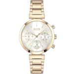 Hugo Boss Flawless 1502531 watch for women, featuring a silver dial and a two-tone silver case with a copper (rose gold) stainless steel bracelet.