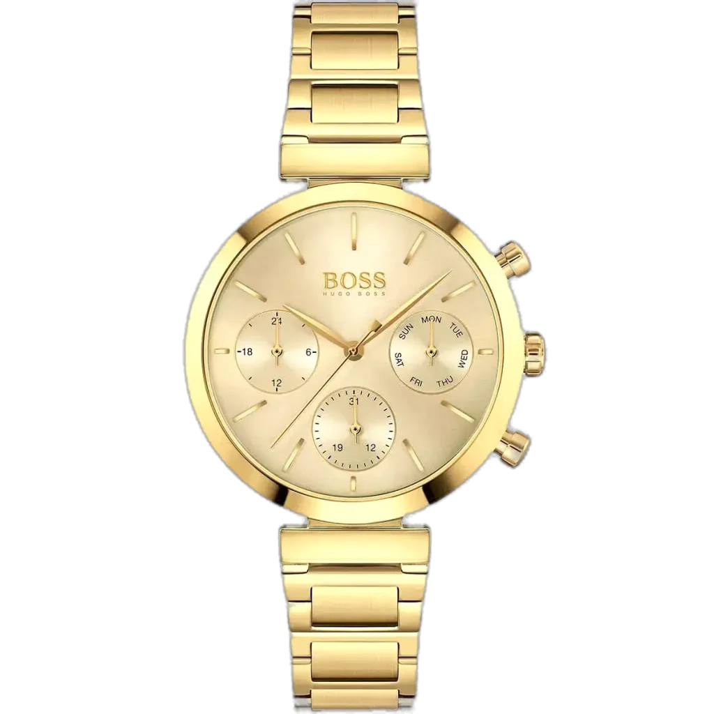 Hugo Boss Flawless 1502532 watch for women, featuring a gold dial and a fully gold-plated stainless steel bracelet.