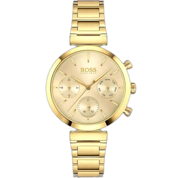 Hugo Boss Flawless 1502532 watch for women, featuring a gold dial and a fully gold-plated stainless steel bracelet.