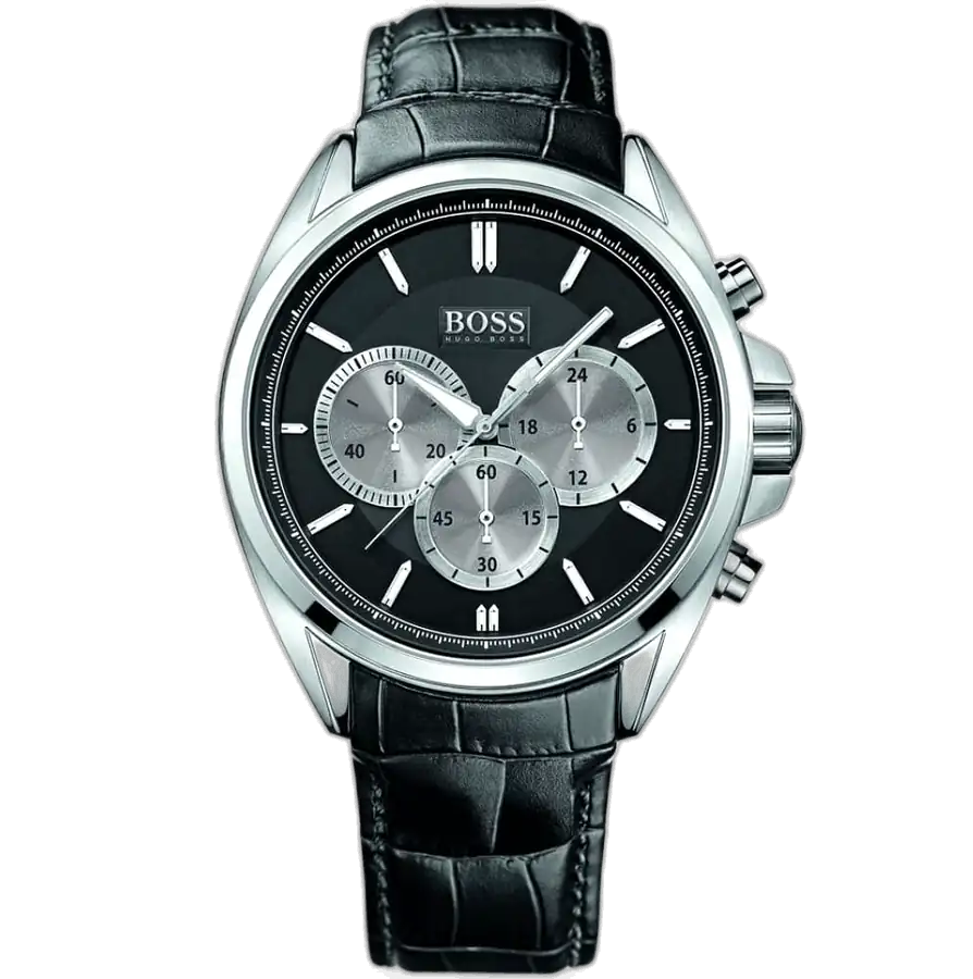 Hugo Boss Driver 1512879 men's chronograph watch with a black dial and a black genuine leather strap.