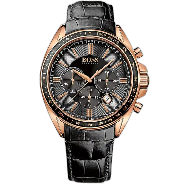 Hugo Boss Driver 1513092 Chronograph Men's Watch, Black Dial, Rose Gold-Plated Case, and Black Genuine Leather Strap.