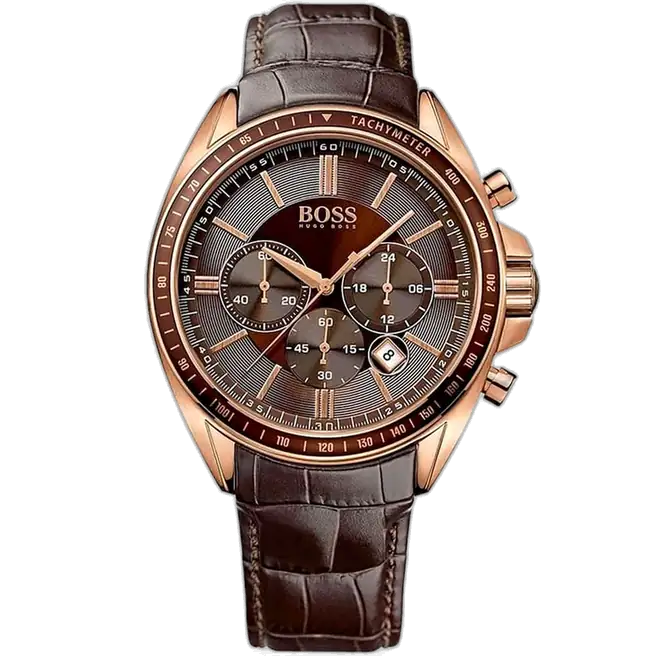 Hugo Boss Driver 1513093 Chronograph Men's Watch, Brown Dial, Rose Gold-Plated Case, and Brown Genuine Leather Strap.