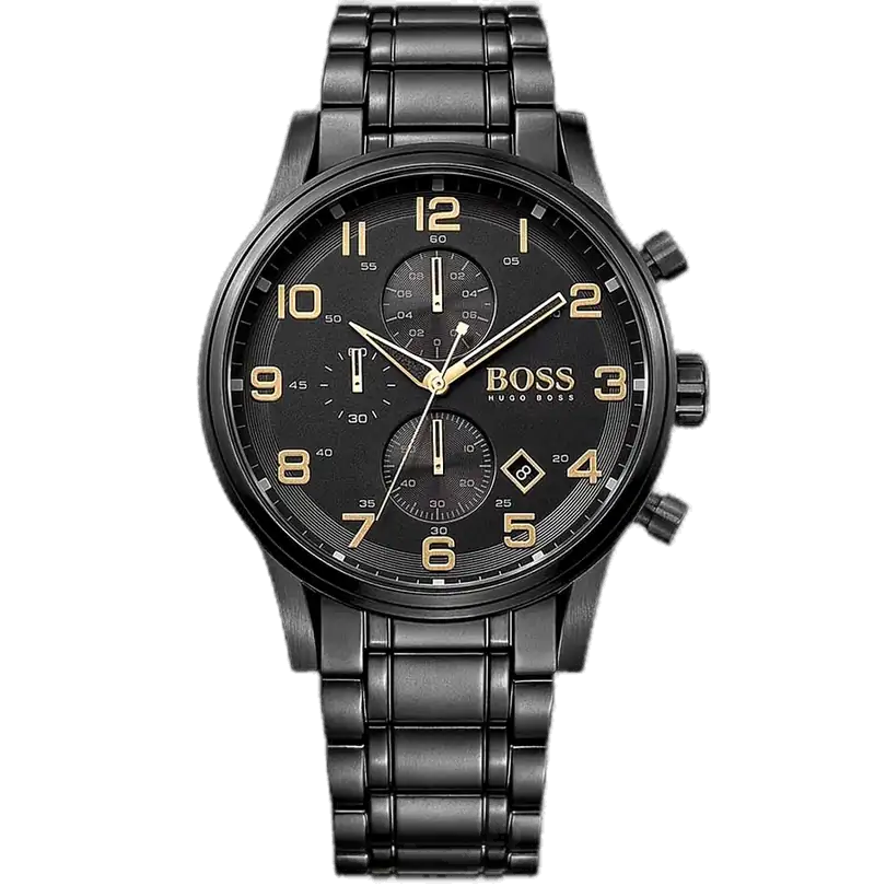 ساعة هوجو بوس ايرولاينر 1513275 كرونوغراف للرجال، بمينا وسوار من الستانلس ستيل الأسود بالكامل.