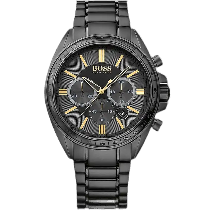 ساعة هوجو بوس درايفر 1513277 كرونوغراف للرجال، بمينا وسوار من الستانلس ستيل الأسود بالكامل.