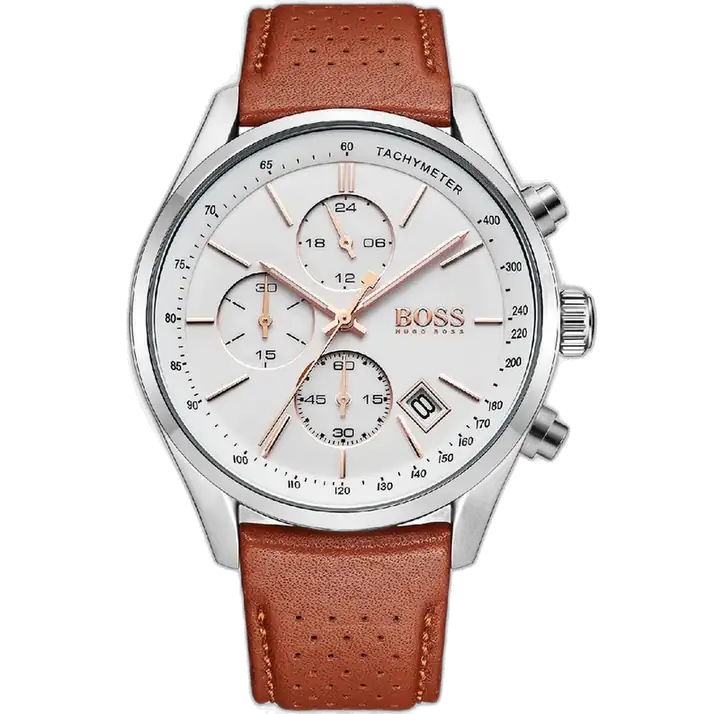 Hugo Boss Grand Prix 1513475 Chronograph Men's Watch, White Dial and Brown Genuine Leather Strap.