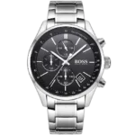 Hugo Boss Grand Prix 1513477 Montre Chronographe pour Homme, avec cadran noir et bracelet en acier inoxydable argenté.