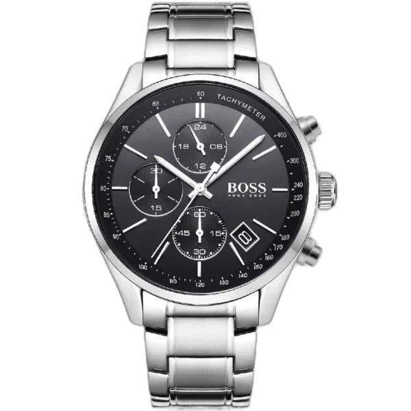 Hugo Boss Grand Prix 1513477 Montre Chronographe pour Homme, avec cadran noir et bracelet en acier inoxydable argenté.