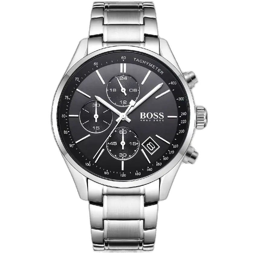 ساعة هوجو بوس جراند بريكس 1513477 كرونوغراف للرجال، بمينا سوداء وسوار من الستانلس ستيل الفضي.