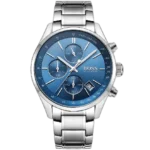 Montre chronographe pour hommes Hugo Boss Grand Prix 1513478, avec cadran bleu et bracelet en acier inoxydable argenté.