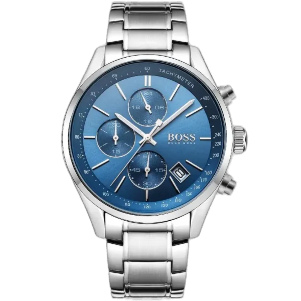 Montre chronographe pour hommes Hugo Boss Grand Prix 1513478, avec cadran bleu et bracelet en acier inoxydable argenté.