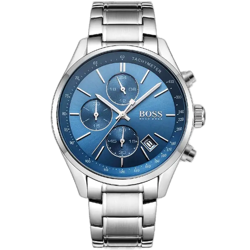 ساعة هوجو بوس جراند بريكس 1513478 كرونوغراف للرجال، بمينا زرقاء وسوار من الستانلس ستيل الفضي.