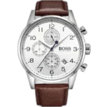 Hugo Boss Navigator 1513495 Chronograph Men's Watch, Silver Enamel and Brown Genuine Leather Bracelet.