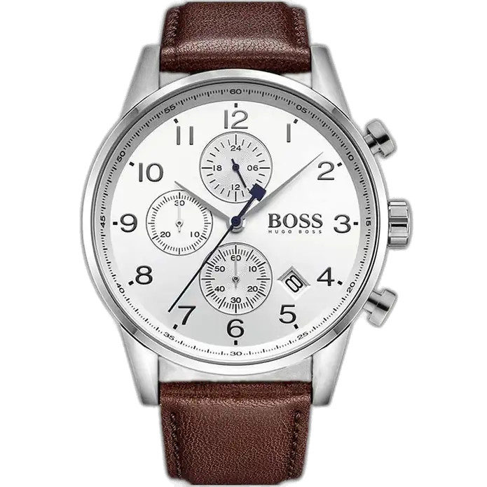 Hugo Boss Navigator 1513495 Chronograph Men's Watch, Silver Enamel and Brown Genuine Leather Bracelet.