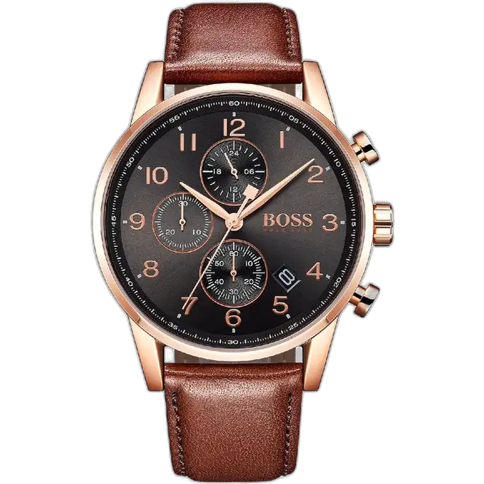 Hugo Boss Navigator 1513496 Chronograph Men's Watch, with gray dial and brown genuine leather strap.