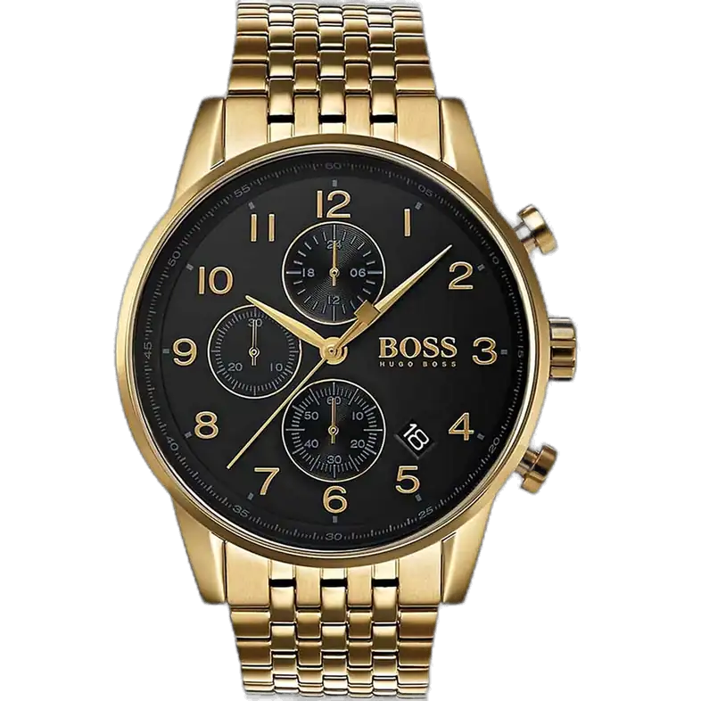 Hugo Boss Navigator 1513531 Chronograph Men's Watch, Black Dial and Gold Stainless Steel Band.