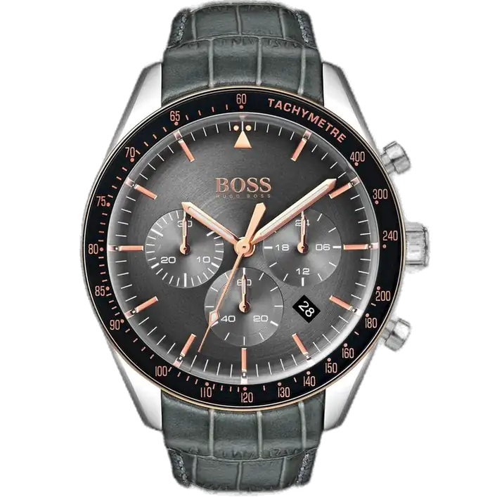 Hugo Boss Trophy 1513628 Chronograph Men's Watch, with Grey Dial and Grey Genuine Leather Strap.