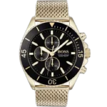 [Black & Gold Luxury] Hugo Boss Chronograph Watch Ocean For Men – 1513703, With Black Dial and Gold-Tone Stainless Steel Bracelet