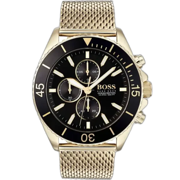 [Black & Gold Luxury] Hugo Boss Chronograph Watch Ocean For Men – 1513703, With Black Dial and Gold-Tone Stainless Steel Bracelet