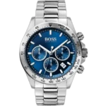 Hugo Boss Hero Chronograph Watch 1513755 for Men, with blue dial and silver stainless steel bracelet.