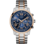 Guess Horizon W0380G5 men's multi-function watch, with a silver stainless steel case, blue multi-function dial, and a blue genuine leather strap.