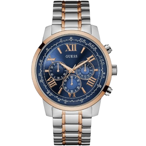 ساعة جيس هورايزون W0379G7 رجالي متعددة الوظائف، بهيكل ثنائي اللون فضي ونحاسي، مينا زرقاء، وسوار معدني فضي ونحاسي.