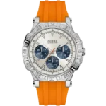 Guess Turbo W0966G1 men's multi-function watch, with a silver stainless steel case, bright white dial, and a vibrant orange silicone rubber strap.