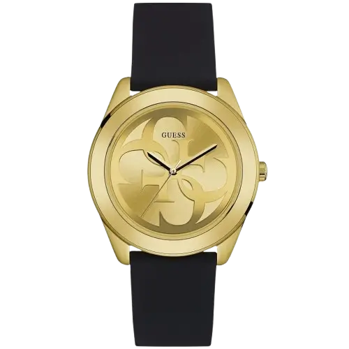 Guess G-Twist W0911L3 women's watch, with a gold-tone stainless steel case, gold-tone dial, and a black silicone rubber strap.