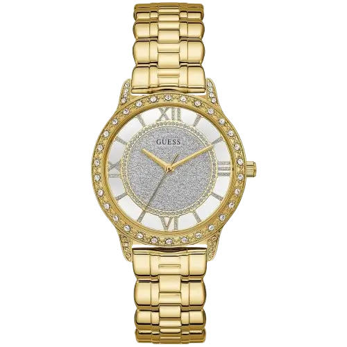 ساعة جيس اثيريال W1013L2 نسائية، بهيكل ستانلس ستيل فضي، مينا بيضاء، وسوار معدني ثنائي اللون فضي وذهبي.