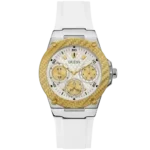 Guess Zena W1094L1 women's multi-function watch, with a gold-tone and stainless steel case, white dial, and a white silicone rubber strap.