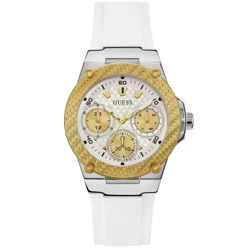 Guess Zena W1094L1 women's multi-function watch, with a gold-tone and stainless steel case, white dial, and a white silicone rubber strap.