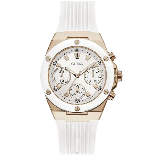 Guess Athena GW0030L3 women's multi-function watch, with a rose gold-tone case, white dial, and a white silicone rubber strap.