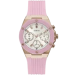 Guess Athena GW0030L4 women's multi-function watch, with a polished rose gold-tone stainless steel case, bright silver dial with rose gold accents, and a vibrant pink silicone rubber strap.