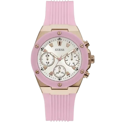 Guess Athena GW0030L4 women's multi-function watch, with a polished rose gold-tone stainless steel case, bright silver dial with rose gold accents, and a vibrant pink silicone rubber strap.