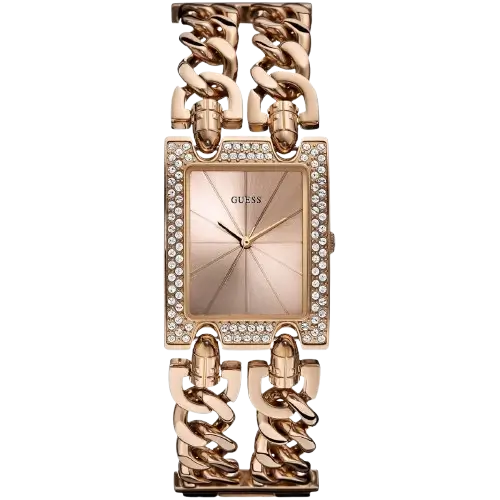 Guess Mod Heavy Metal W0072L3 women's watch, in a rose gold-tone finish, with a rectangular case and unique chain-link metal bracelet.