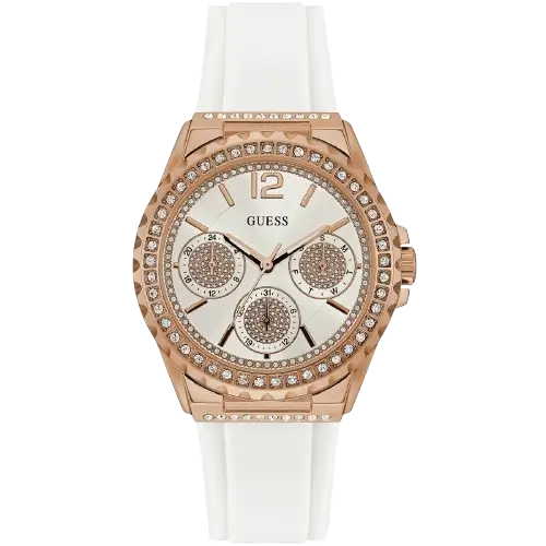 Guess Starlight W0846L5 women's watch, white case, white dial with crystal hour markers, and white silicone strap.